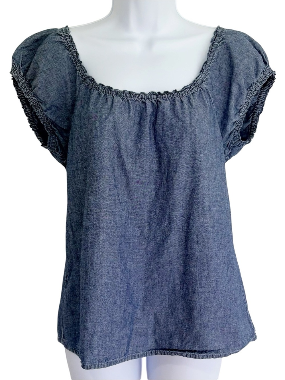 J.CREW Chambray Blouse Puff Sleeve Square Neck Coastal Cotton Top S